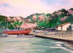 水彩画の風景 桜とボート 額装済み F6号サイズ - メルカリ
