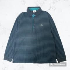 【古着】LACOSTE ラコステ 長袖 ポロシャツ ワニ刺繍 ボーダー 緑系 Lのサムネイル