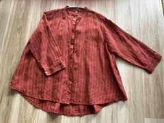 無印良品　オレンジ色のリネン七分袖シャツ Lサイズのサムネイル