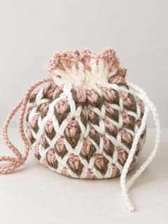 ハンドメイド かぎ針編み 巾着ポーチ ピンク×ブラウンのサムネイル