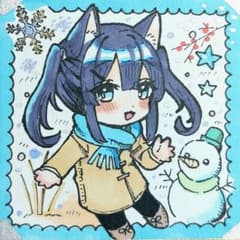 手描きイラスト ブルー猫耳の女の子 冬ver. 豆色紙のサムネイル