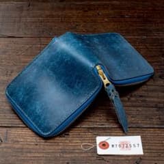 Genuine Leather Navy Blue Men's Wallet with Round Zipper, Square, Vachetta Leather
