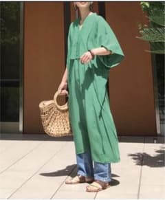 スラブジョーゼット　カフタンシャツワンピース　グリーンのサムネイル