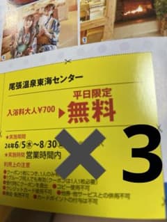 尾張温泉東海センター　平日無料券 3枚 東海ウォーカー　2024夏　クーポンのサムネイル