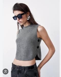 ZARA ニット クロップド サイドボタン ベスト S グレー ザラのサムネイル