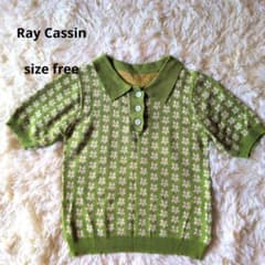 Ray Cassin 花柄 半袖 ポロニット グリーン 可愛いのサムネイル