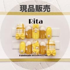 ネイルチップ 現品販売 チェックリボン yellow 量産型ネイルのサムネイル