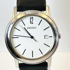 SEIKO 세이코 남성 시계 화이트 문자판 데이트 얇은 가죽 가동 번역 있음