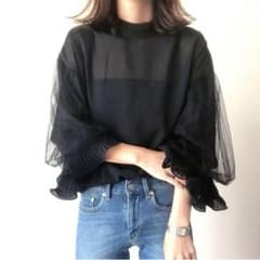チュールスリーブラッフルカフスブラウス ブラックのサムネイル