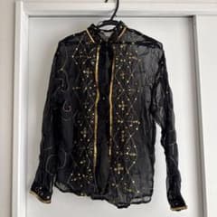 Trendy Shirt 長袖ブラウス ブラック ゴールド刺繍　ビンテージのサムネイル
