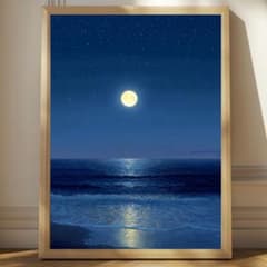 A3 満月と夜の海 静けさと癒やしの水彩アート 風景画 インテリアアート