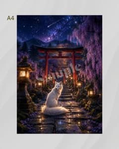 第二境 白狐と藤の参道 星空の幻想アート A4ポスター 額なしのサムネイル
