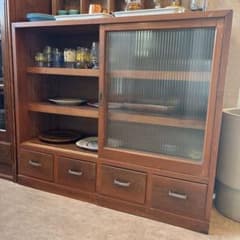 古家具 食器棚 モールガラス 引き戸 木製キャビネット 昭和レトロ