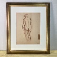 真作保証】長谷川潔「裸婦」コンテ素描 スタンプサイン 画廊シール