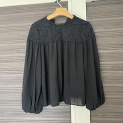 黒 シフォン 刺繍 長袖ブラウスのサムネイル