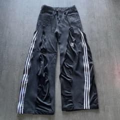 adidas ブラック ワイドパンツ ストライプ リメイク 再構築 - メルカリ