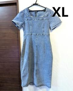 【XL】デニム 半袖ひざ丈ワンピース　ストレッチ性あり　Dazyのサムネイル