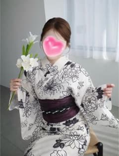 浴衣 帯セット 白地 黒花柄 レース帯付きのサムネイル