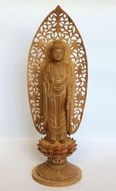 阿弥陀如来立像 5寸 #661 円台座 宝相華唐草 透彫り◇白檀 木彫 仏像