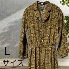 花柄　レトロ　幾何学模様　シャツワンピース 長袖 マスタード Lのサムネイル
