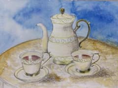 ティーセットを描いた水彩画 アート作品のサムネイル