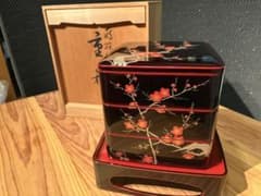 【新年売り尽くし値下げ】京漆器 蒔絵三段重（茶事用重箱）「蒔絵梅花 重箱」未使用 新年売り尽くし値下げ】京漆器 蒔絵三段重（茶事用重箱）「蒔絵梅花
