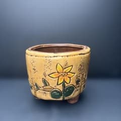 陶器鉢 約11cm 三つ足 花柄 リボン イエロー 多肉植物 植木鉢 レトロのサムネイル