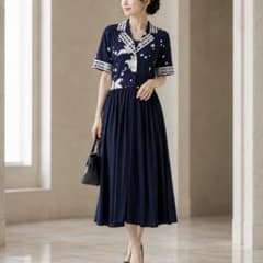 美品◇LEONARD シルク 切り替え トリム 花柄 ワンピース ロング L 紺