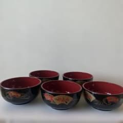 漆器 椀 5個セット 黒と赤 扇子模様のサムネイル