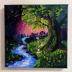 【室生】油絵　原画　一点物　風景　夜空　星　樹　メルヘン　アート　SM 夜明けを待つ森』/アクリル画 原画 癒やしの風景画 幻想的 夜空 星空