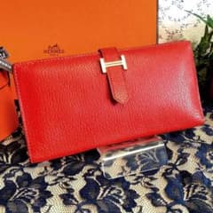 【美品】エルメス ベアン シェーブル レッド☆長財布のサムネイル