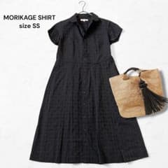 MORIKAGE SHIRT 総柄 半袖シャツワンピース プリーツ 黒 丸襟 MORIKAGE SHIRT 総柄 半袖シャツワンピース プリーツ 黒 丸襟 - メルカリ