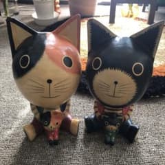 アジアン雑貨　木彫り猫　親子猫　2個セットのサムネイル