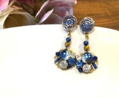 青系ビジュー フラワーデザイン ドロップピアス
