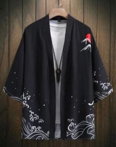 富士山デザイン ブラック着物風和風のカジュアルシャツ。 Size Lのサムネイル
