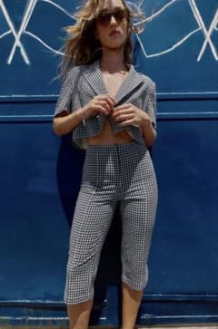 ZARA ギンガムチェック柄カプリパンツ XS ネイビーブルー/ホワイトのサムネイル