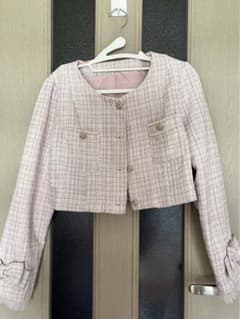 Suyunn 袖口りぼん＆チュールフリル付きラメツイードノーカラージャケットのサムネイル
