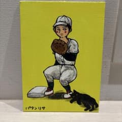野球少年　一塁　猫　黒猫　アクリルアート　オリジナルのサムネイル