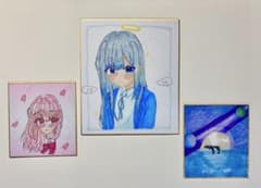 水彩画 女の子のイラスト 3点セット　色紙サイズのサムネイル
