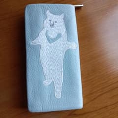 クマ刺繍レザー長財布 水色・シルバーのサムネイル