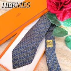 N434 新品未使用 エルメス 総柄 ネクタイ ネイビー ゴールド メンズ
