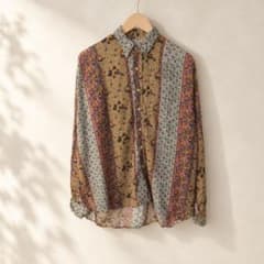 80s vintage 長袖シャツ 総柄 パッチワーク風 ブラウン ペイズリーのサムネイル