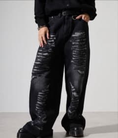 re 730 ダメージ加工 ワイドデニムパンツ ブラック - メルカリ