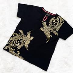 90s 和柄 鳳凰 金刺繍風 半袖Tシャツ ブラック 和風 総柄 Lのサムネイル