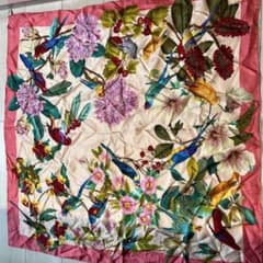 GUCCI】大判スカーフ 花 鳥 シルク100% ピンク フローラル フラワー