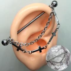 【新品】インダストリアル ピアス シルバー チェーン 十字架 ストレート 14g