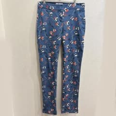 【L】Boden 花柄スリムパンツ 青 インポート古着 美シルエット 綿 股下長