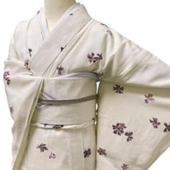 A69愛華 夏着物 絽 襦袢セット花柄 正絹 薄黄色 バチ襟 手縫い