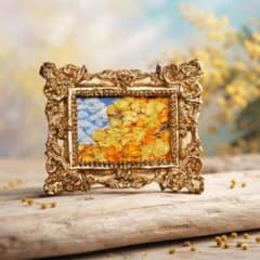 小さな美術館の特等席】ミモザ 油絵 絵画 ミニ額縁 金縁 春インテリア