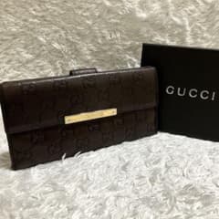 GUCCI グッチ 長財布 フラップ ブラウン GG柄 シマ レザー 金ロゴ